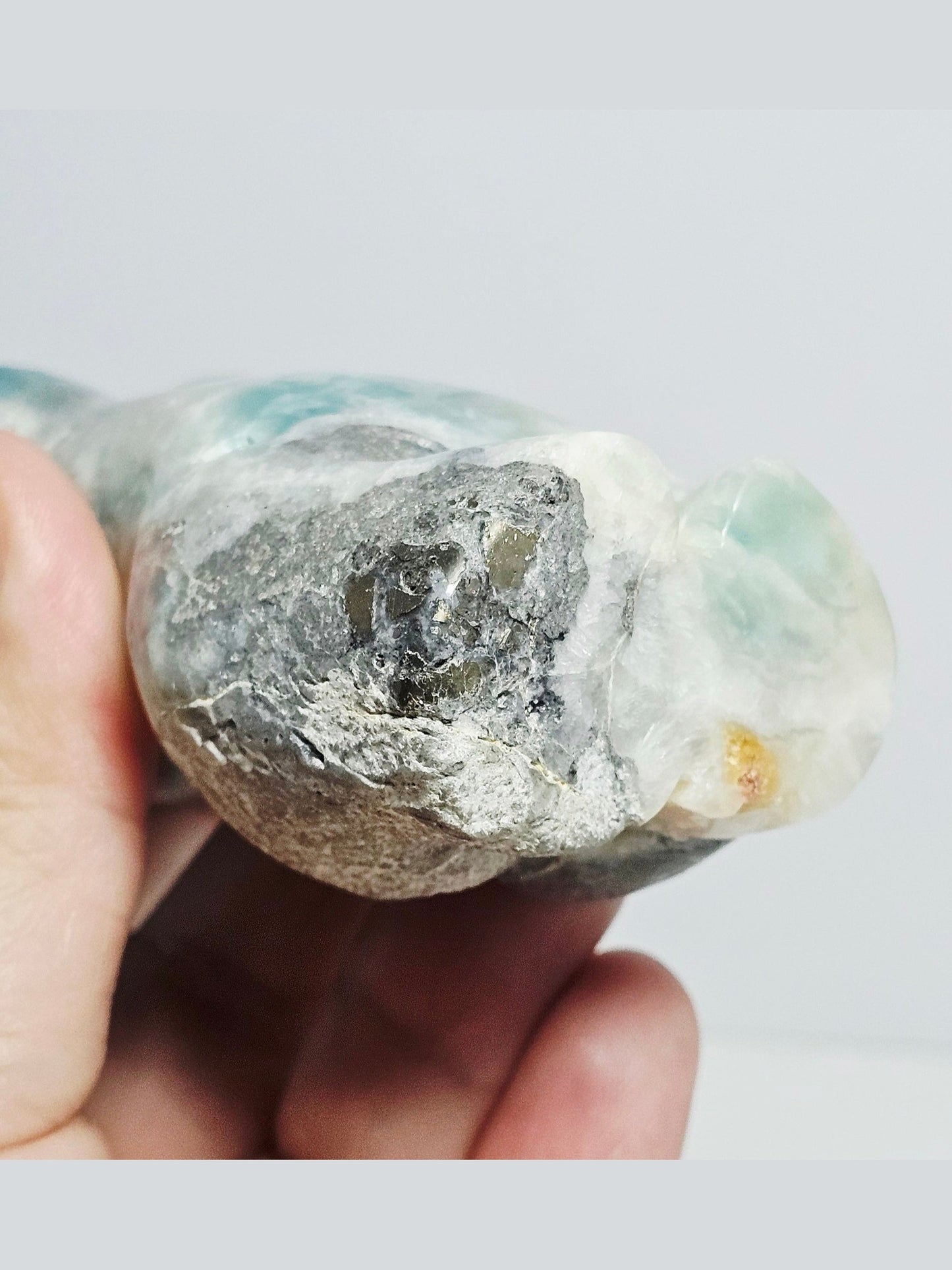 Caribbean Calcite Goddess | Natural Pyrite Matrix Base | 0.712 lbs | High-Quality