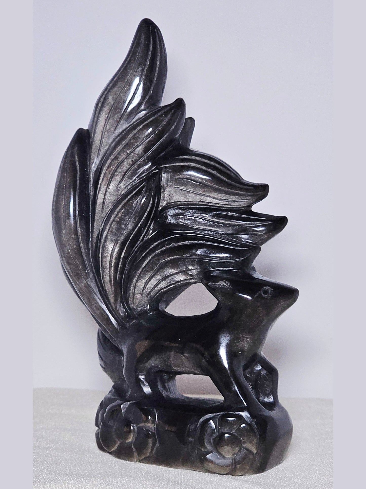 Silver Obsidian Nine-Tails Fox carving | 440 g | High-Quality