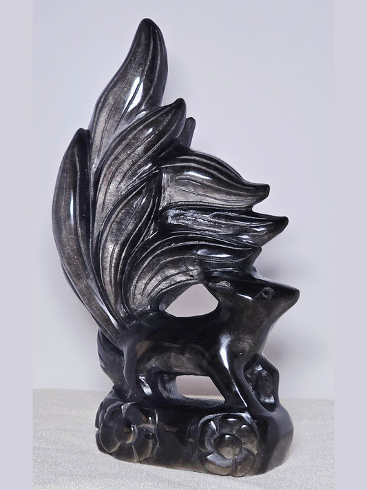 Silver Obsidian Nine-Tails Fox carving | 440 g | High-Quality