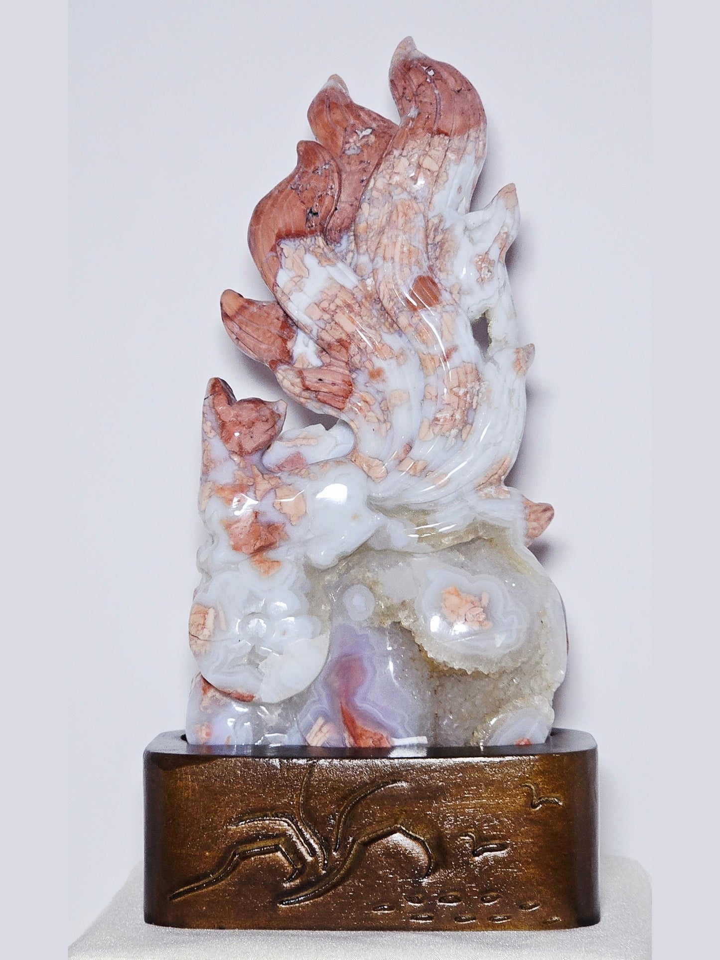 Rare Pink "Cotton Candy" Agate Nine-Tails Fox Carving | Druzy | 2.4 lbs | High-Quality