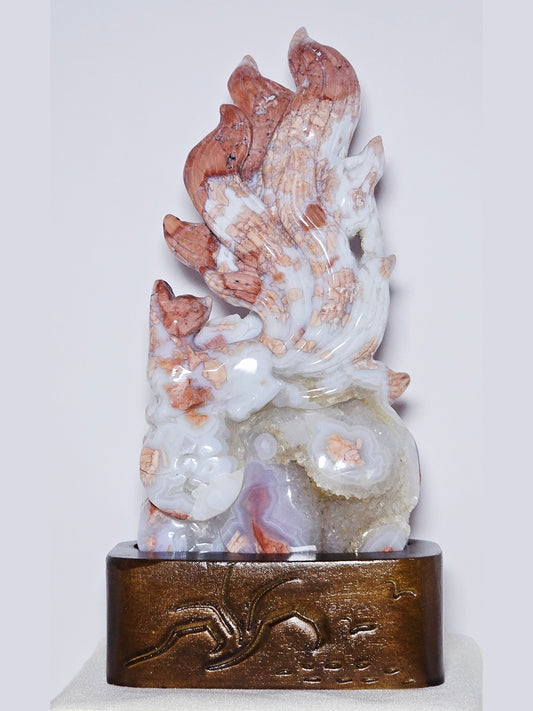 Rare Pink "Cotton Candy" Agate Nine-Tails Fox Carving | Druzy | 2.4 lbs | High-Quality