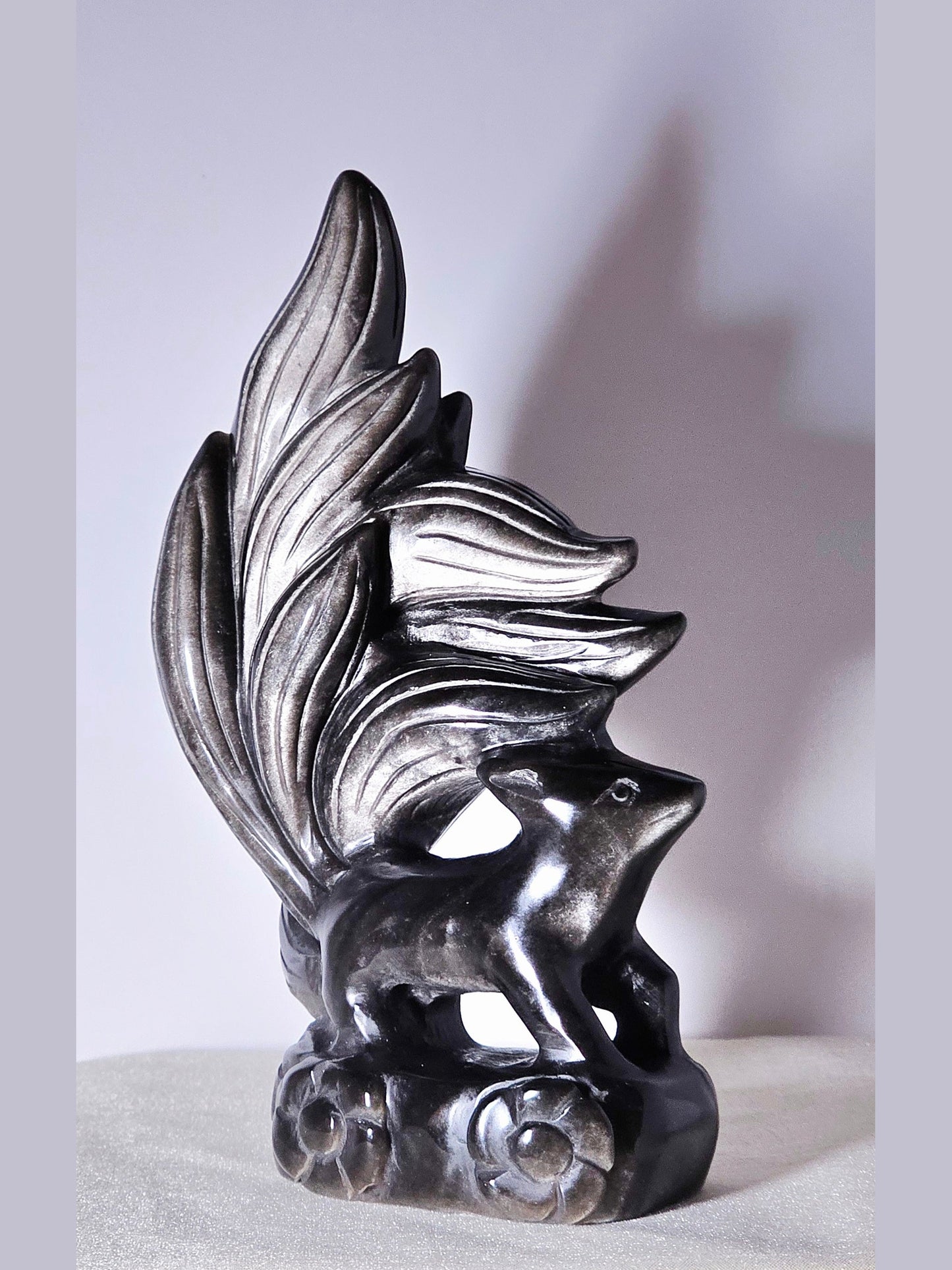 Silver Obsidian Nine-Tails Fox carving | 440 g | High-Quality