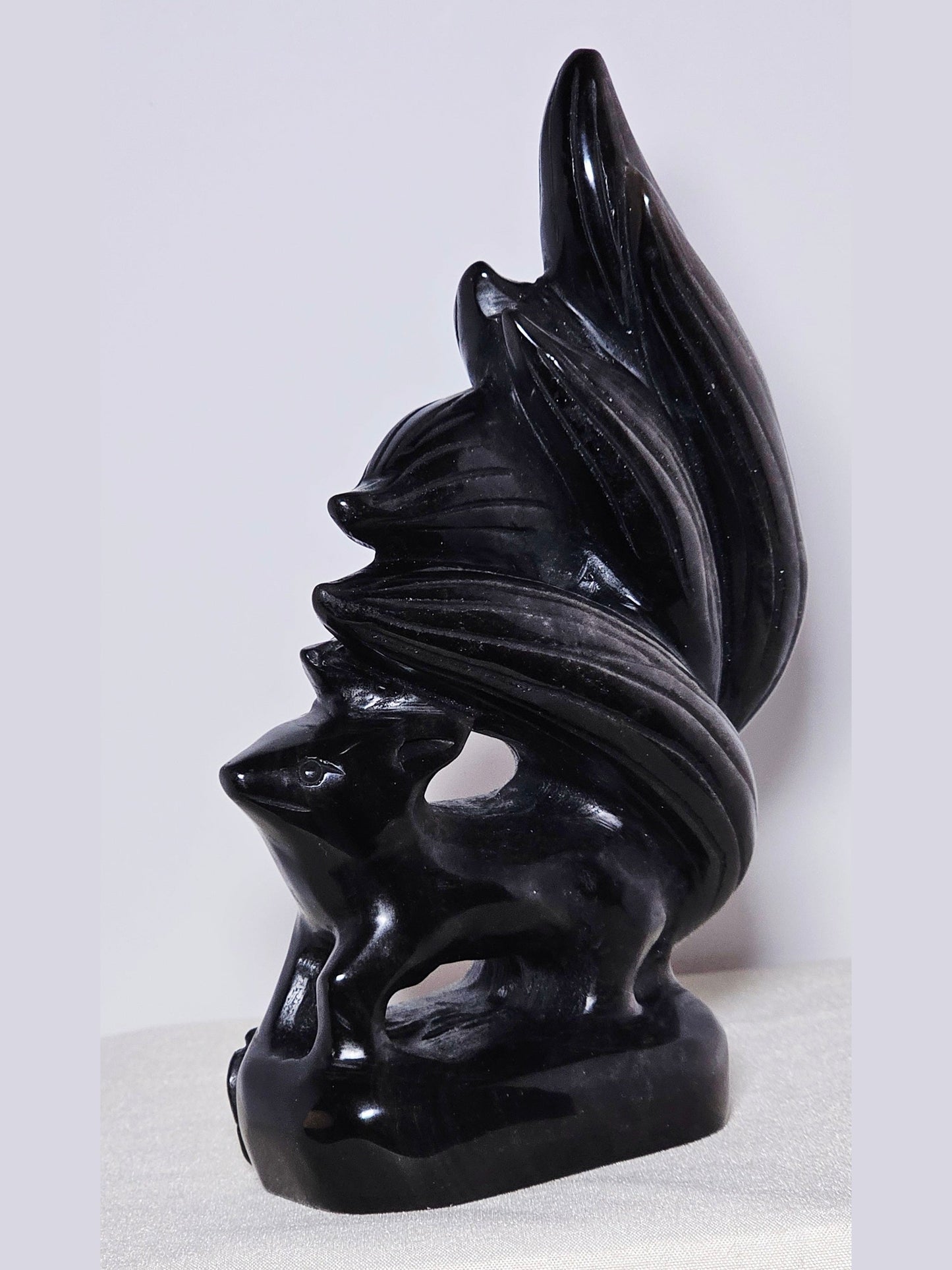 Silver Obsidian Nine-Tails Fox carving | 440 g | High-Quality